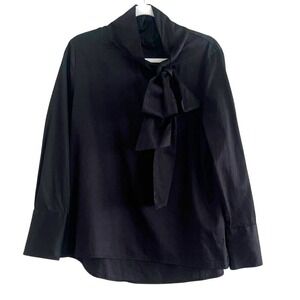 LaRoque Classic Bow Neck Blouse Long Sleeve Large Black Cotton Career Timeless